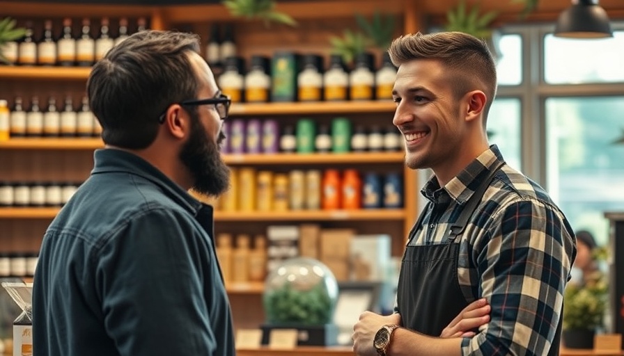 Customer and employee discussing products at California cannabis store counter.