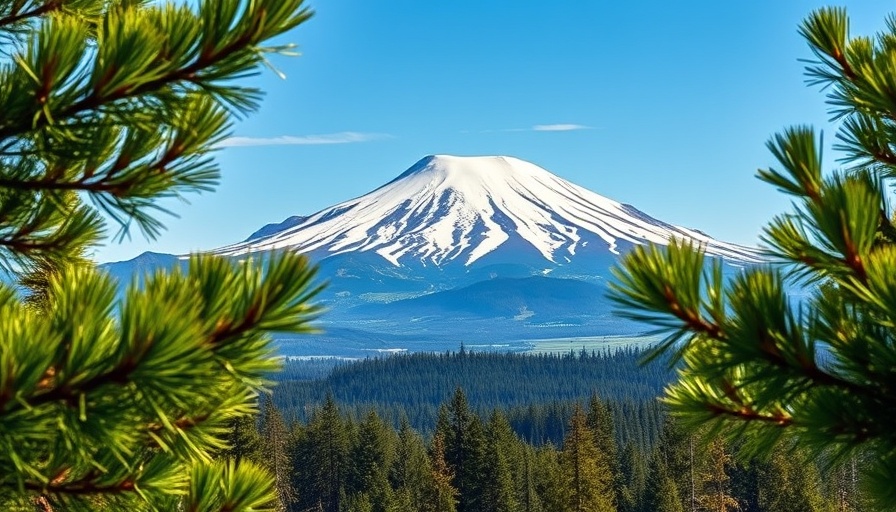 Serene view of Mount Shasta framed by pine branches.