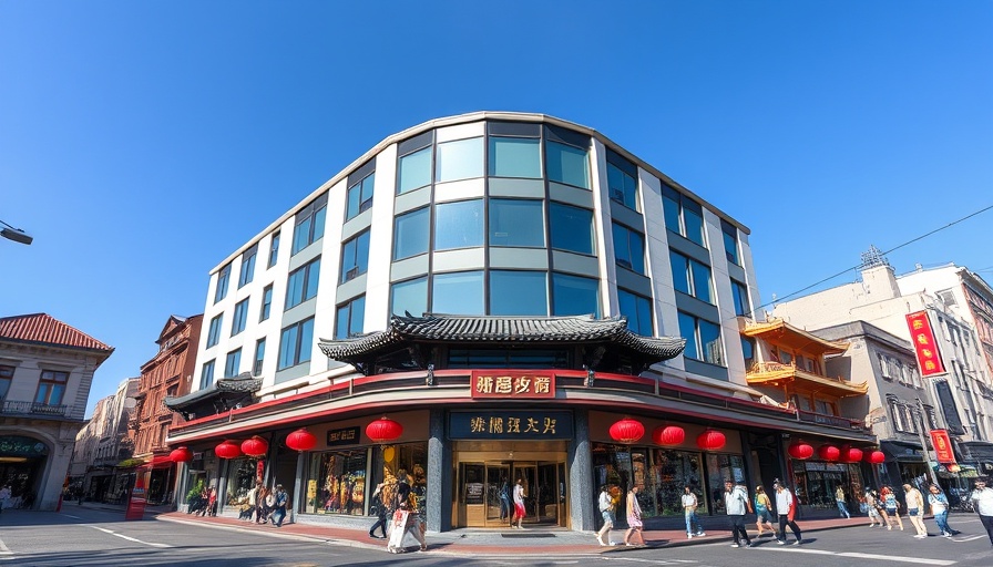 Chinatown San Francisco building with pedestrians, affordable housing theme.