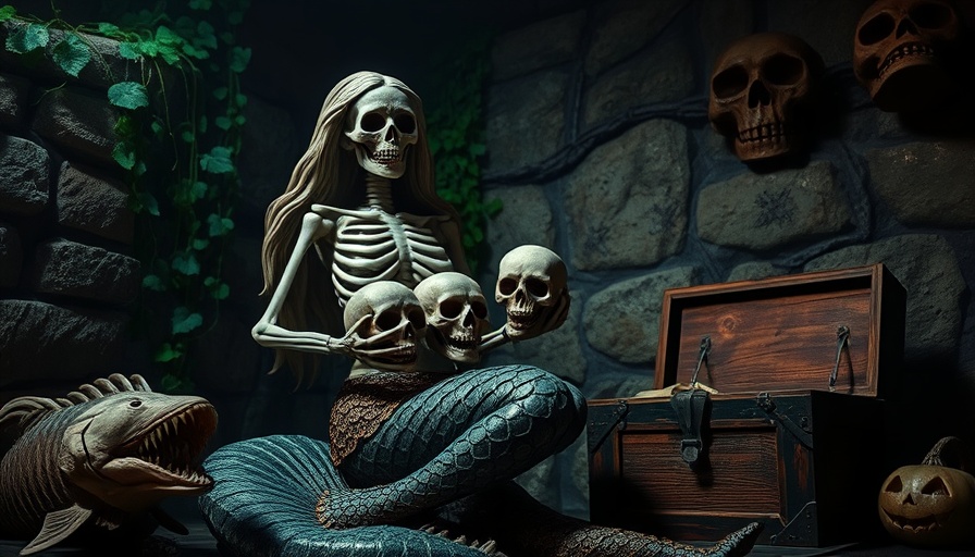 Eerie mermaid skeleton statue in Halloween setting with fish and chest.