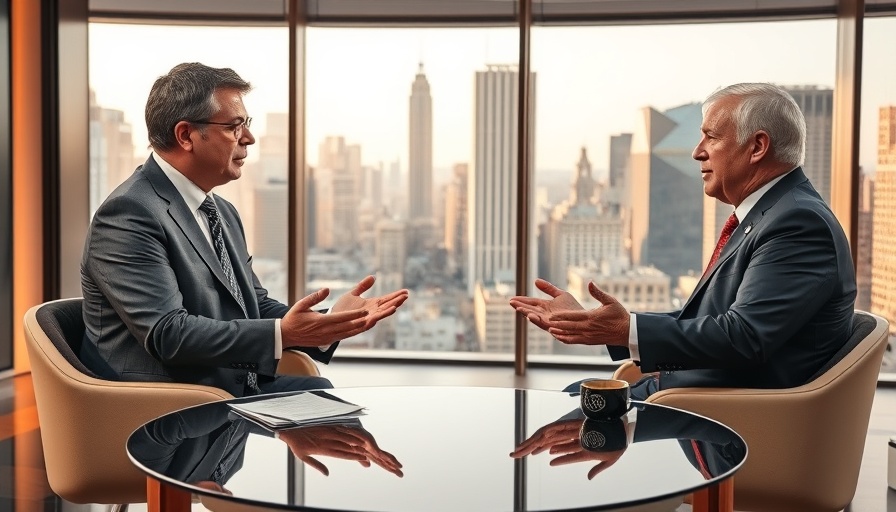 Two men discussing politics on a talk show set with cityscape background.
