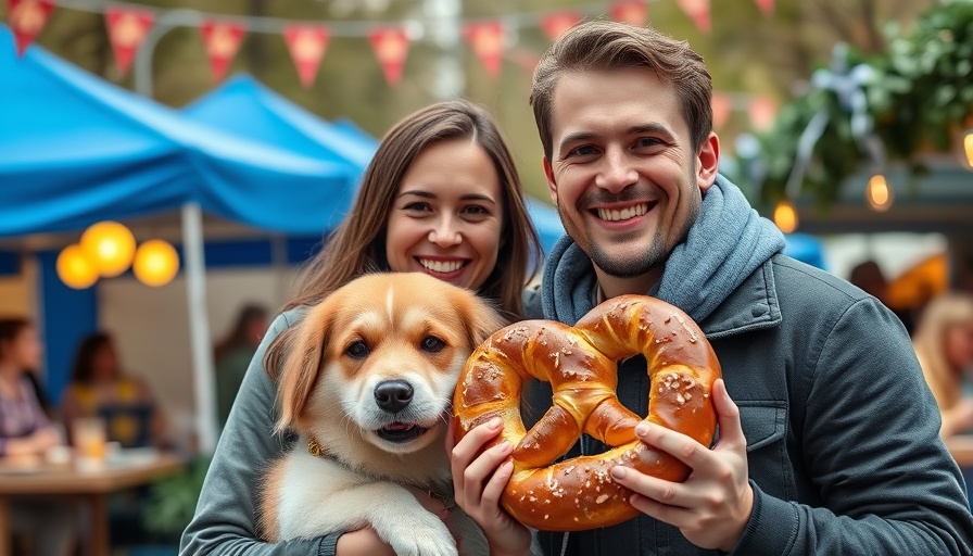 Walnut Creek Oktoberfest attendees smiling with a dog and pretzel.