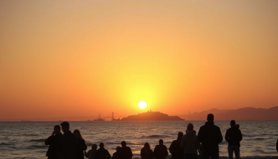 Indigenous Peoples' Day Sunrise Gathering at Alcatraz over calm waters.