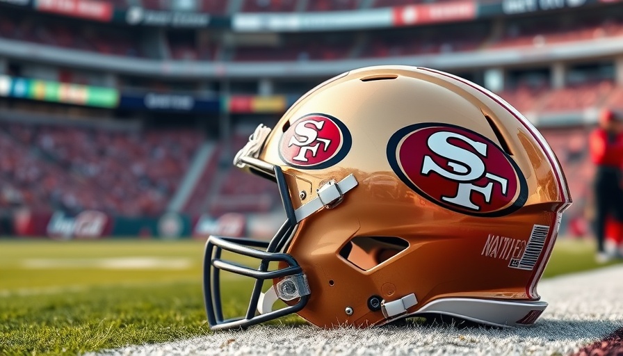 49ers helmet on sideline with logo, vibrant colors.