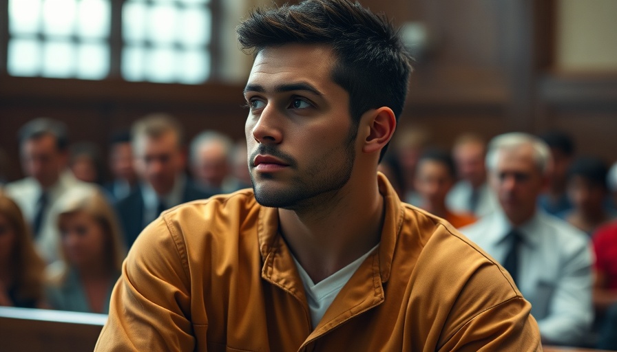 Courtroom scene with young man attentive in tan jumpsuit, Justice Department public statements.