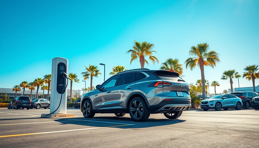 Electric SUV charging under palm trees, California EV tax breaks.