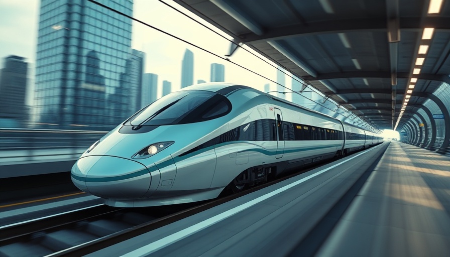Futuristic California high-speed rail in urban setting.