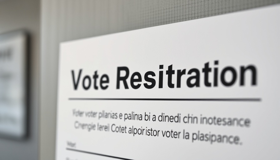 Voter registration sign in an office, focusing on California voter roll cleanup.