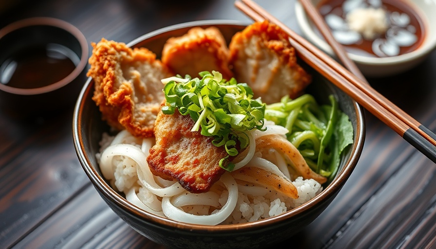 Katsudon donburi bowl with breaded pork cutlet and garnish.