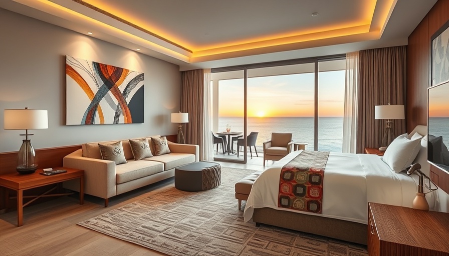 Modern room in newly renovated California hotel with ocean view.