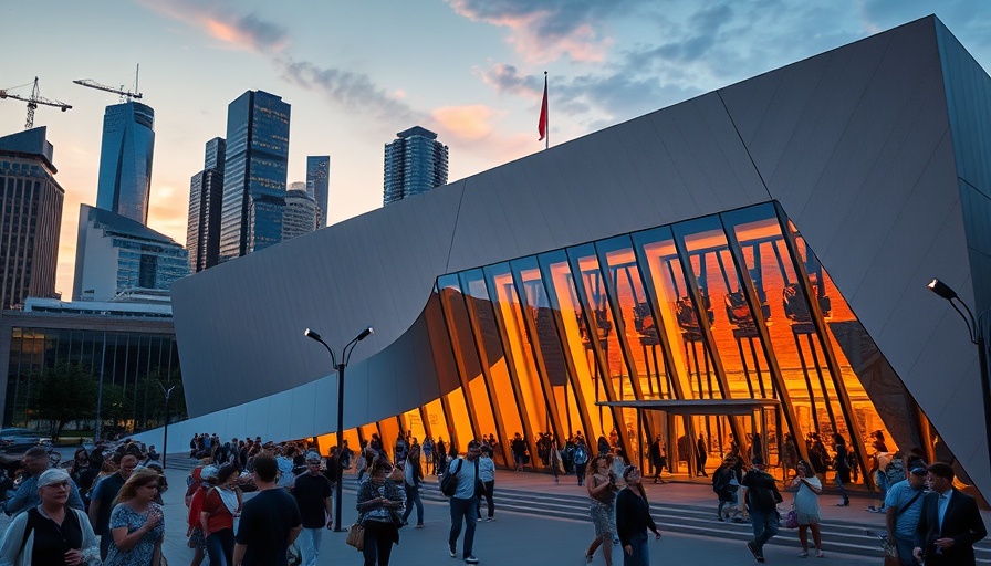 Exterior of modern museum with visitors at sunset