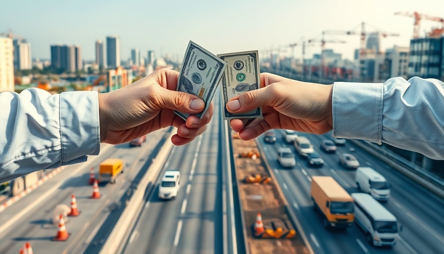 Symbolic depiction of lobbying influence on transportation infrastructure with hands exchanging money.