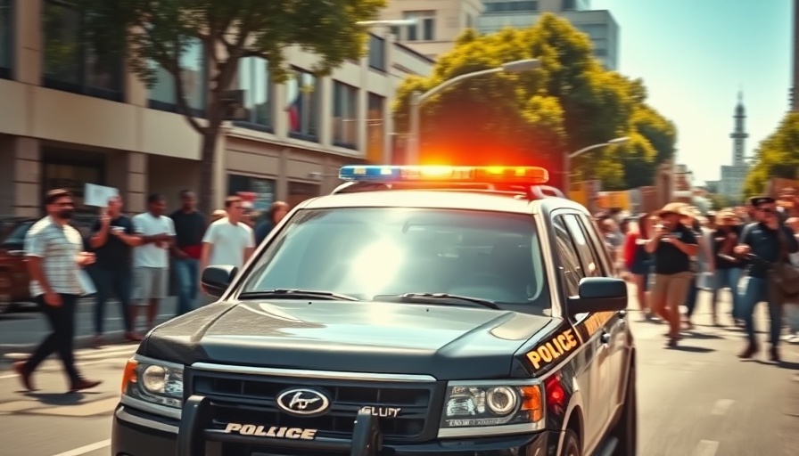 Oakland police SUV during a street protest, showcasing urban environment.