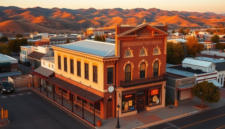 Small town California building at sunset with fall vibes.