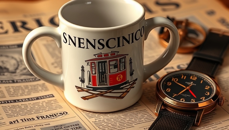San Francisco mug and watch on a newspaper, Bay Area theme.