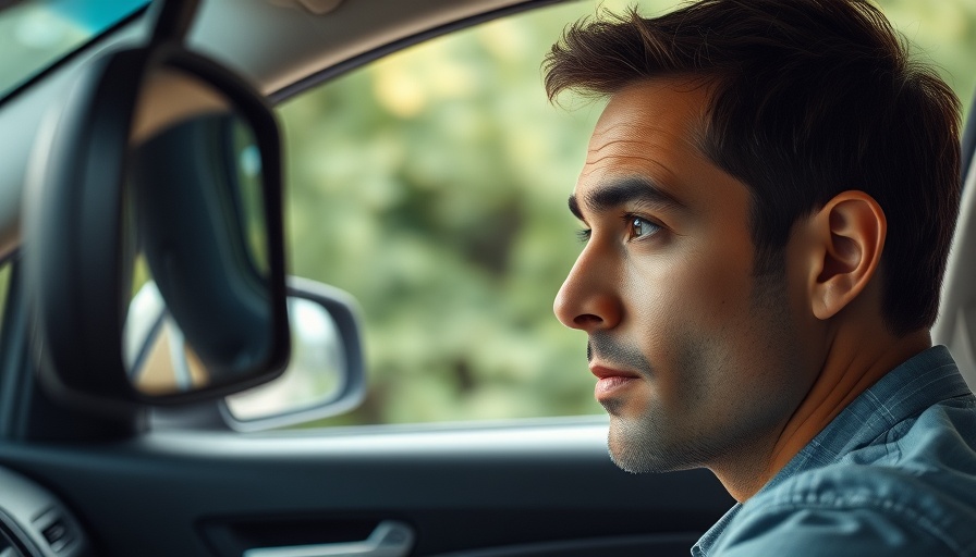 Focused man in car rear-view mirror for car data surveillance.
