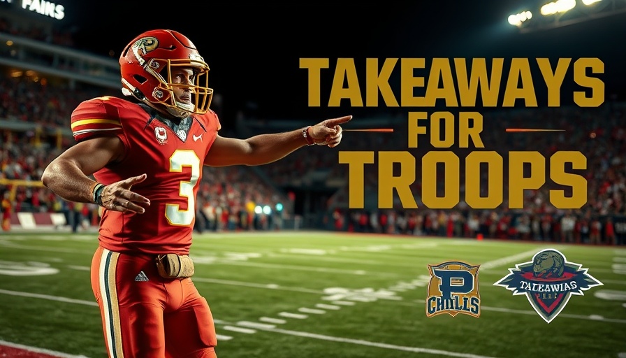 Football player promoting Takeaways for Troops on a vibrant field.