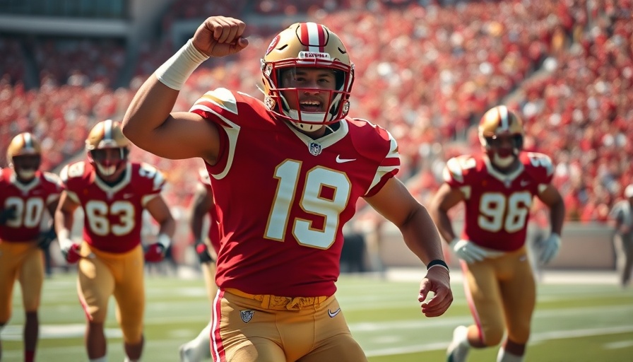 Football player in vibrant uniform celebrating on field, sunny game day.