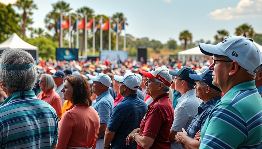Cheering crowd at Ryder Cup golf event with prominent figure.