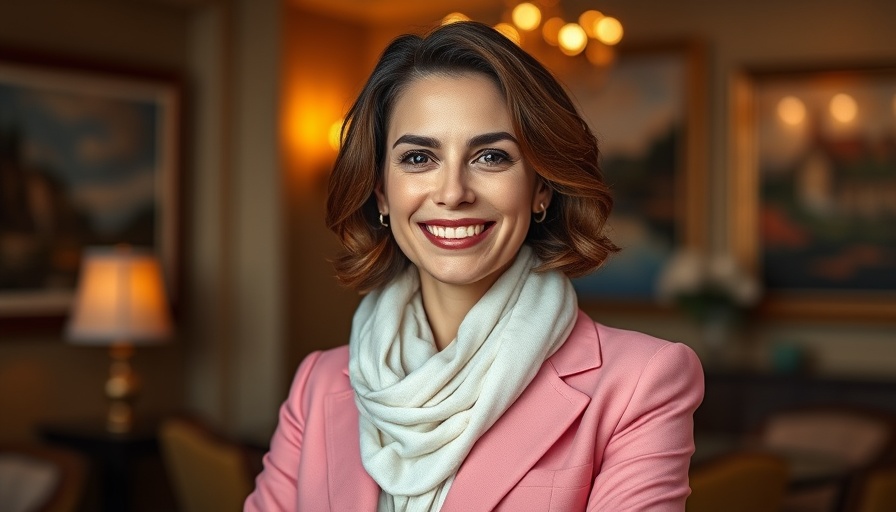 Elegant woman in a pink blazer smiling confidently indoors.