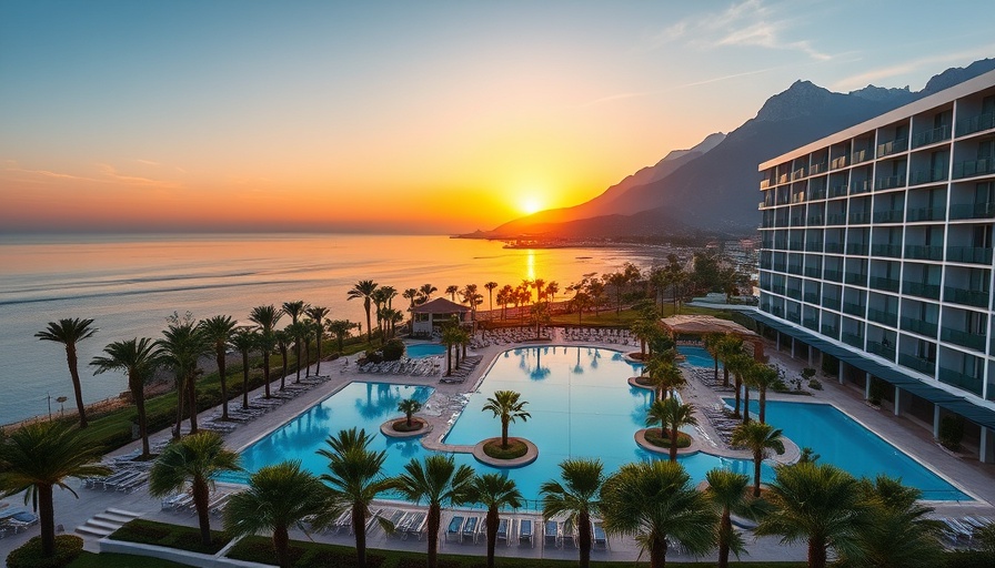 Resort pools and palm trees at sunset in scenic landscape