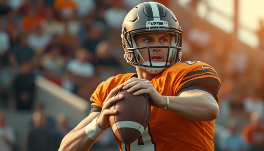 Quarterback poised with football on game day in warm natural light.