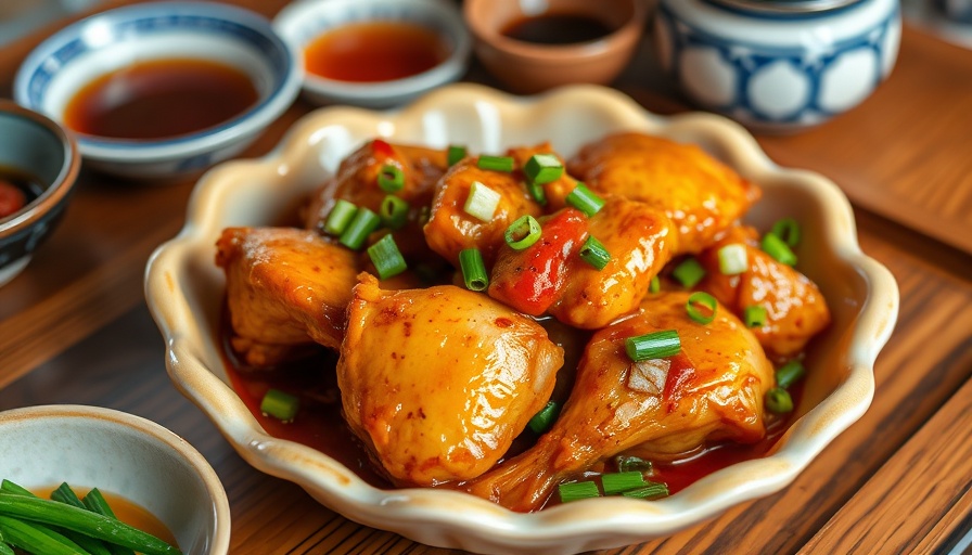 Spicy Garlic Chicken Recipe with green onions in ceramic dish.