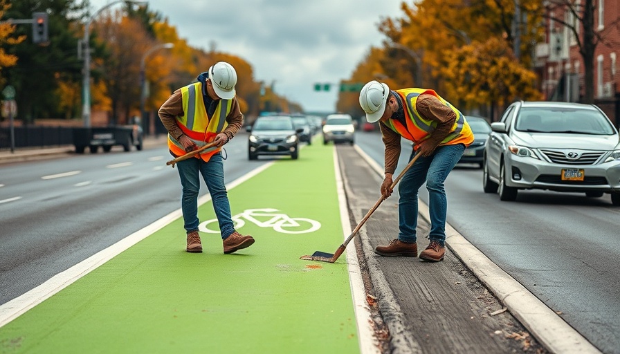 Workers paint bike lane for sustainable transportation funding initiative.