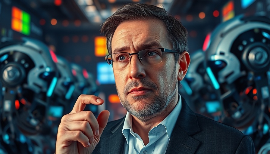 Early adopters in AI revolution concept with concerned man and robotics.