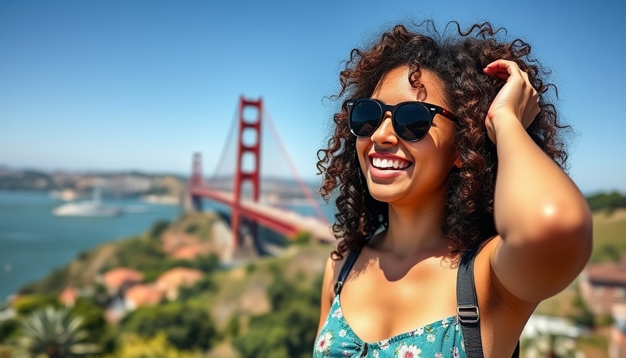 Woman smiling near Golden Gate Bridge, searching for husband