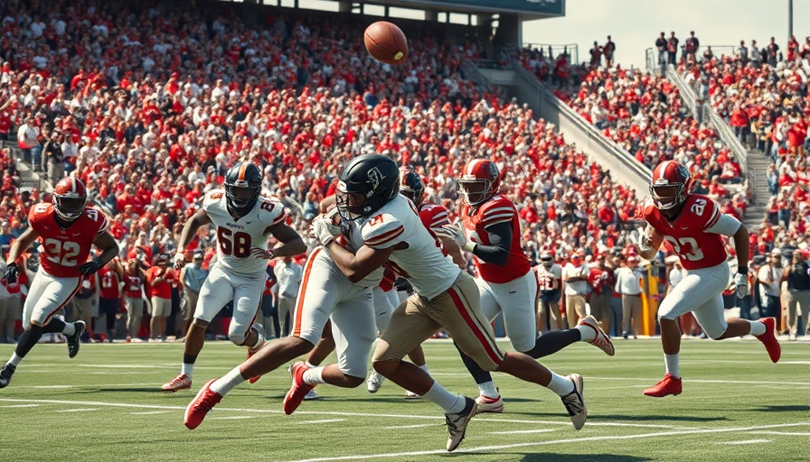 Dynamic football action with intense tackle in vibrant stadium.