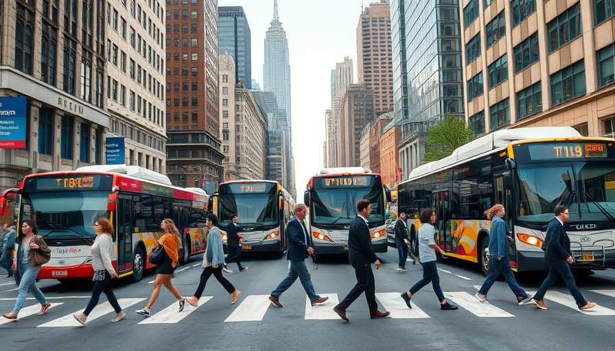 Busy street with buses and people, More Transit Means Safer Streets.