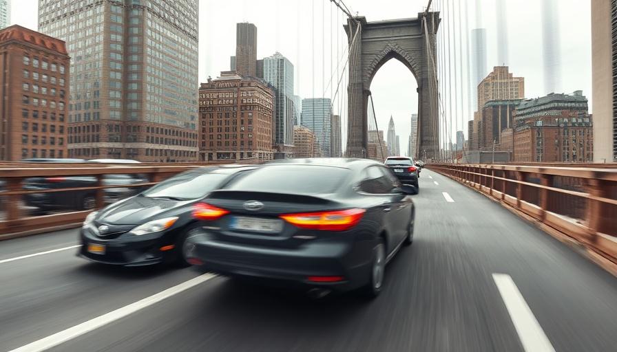 Cars speeding on a New York City bridge, motion blur effect.