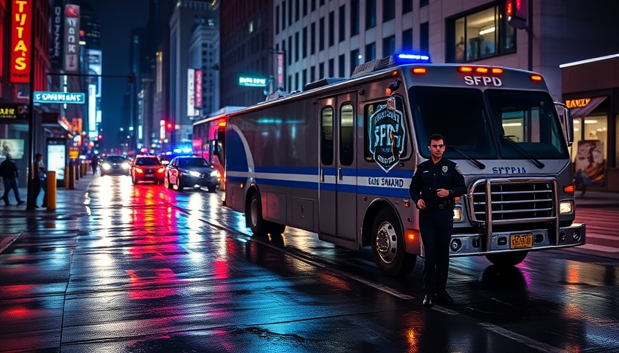 SFPD Command Bus at night with officer standing nearby.