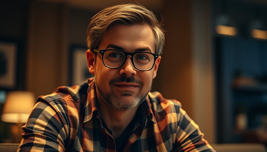 Man with glasses in a plaid shirt, relaxed in dim light.