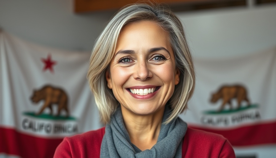 Confident woman with California flag, smiling warmly.
