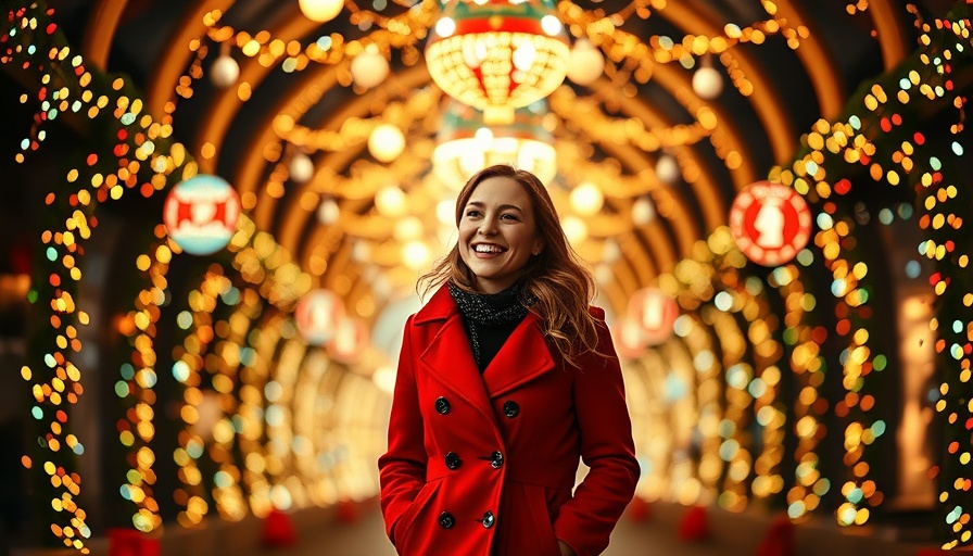 Vancouver at Christmas: Woman in festive light tunnel.