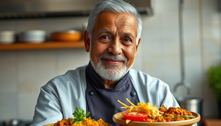 Elderly chef presenting Indian cuisine at New Delhi Restaurant San Francisco.