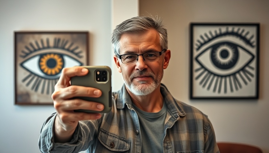 Middle-aged man takes a mirror selfie with phone case art.