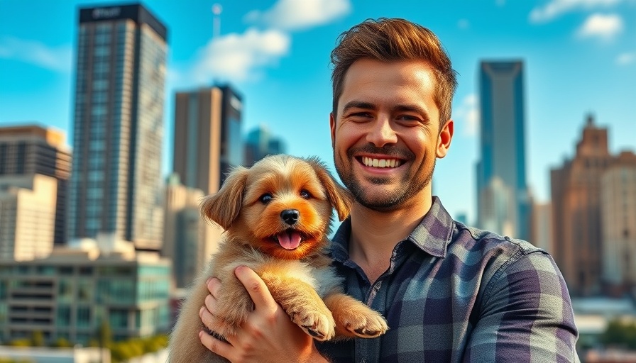 Man holding puppy with cityscape background, related to Reggie Aqui leaving KGO TV.