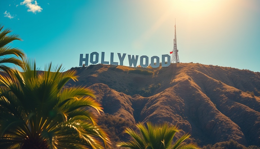 Famous Hollywood sign on sunlit hill with palm trees.