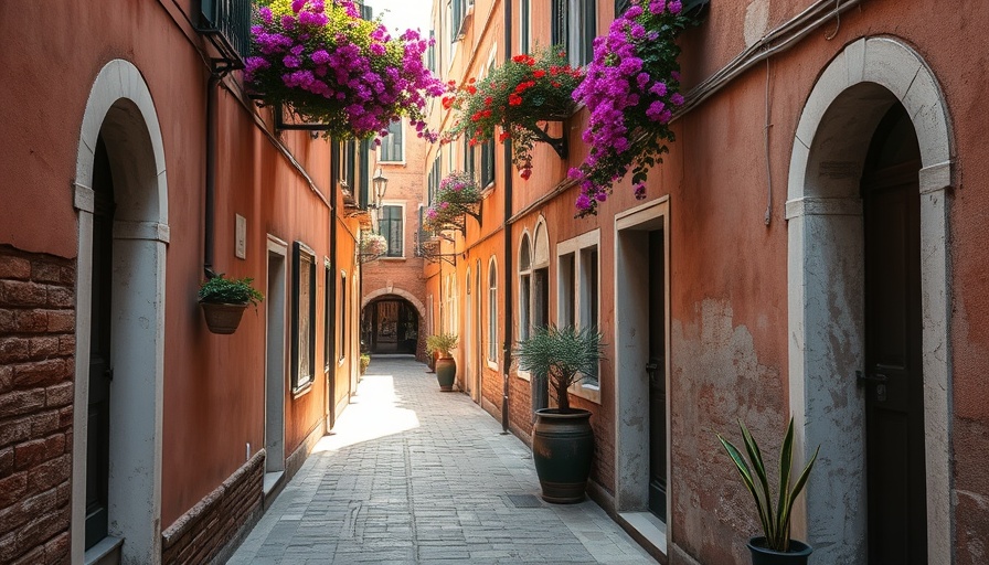 Charming alleyway in Venice with cobblestones and hanging plants, hidden gem.