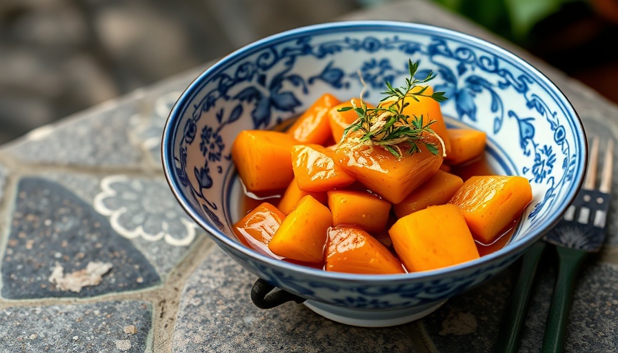 Japanese Simmered Kabocha Recipe in decorative bowl with ginger.