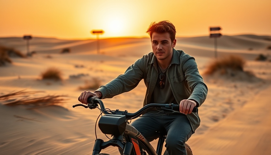 Man riding e-bike through dunes, highlighting urban transportation.