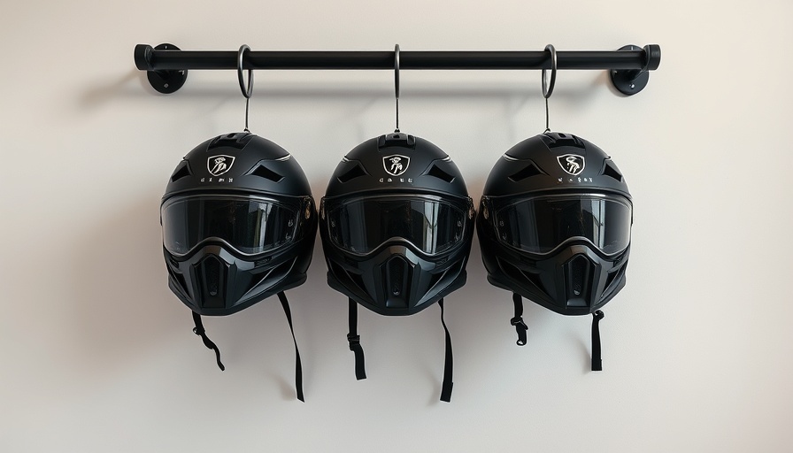 Three helmets hung on a rack, symbolizing alternate transport during a week without driving.