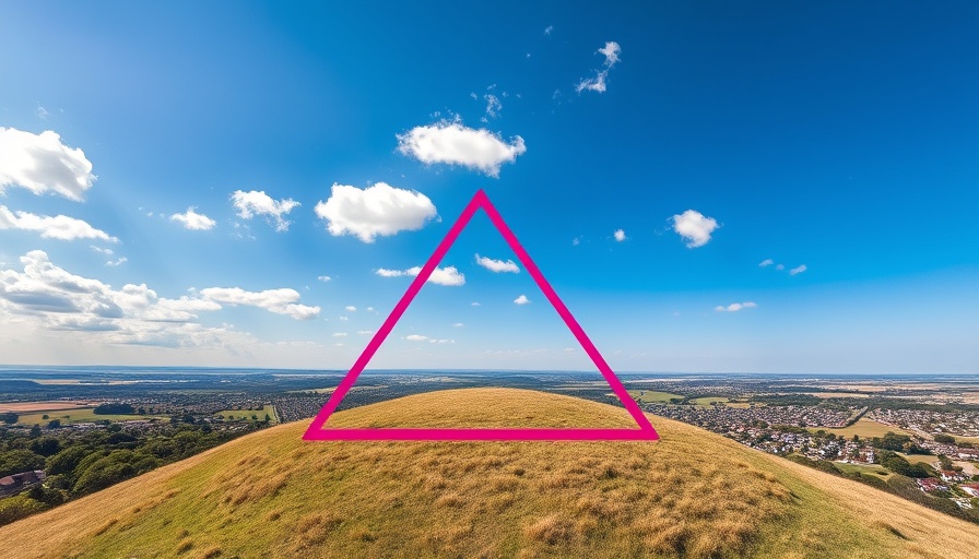 Aerial view with pink triangle on a hill, clear sky background.
