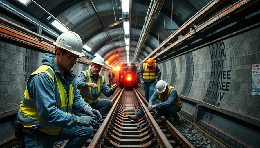 Workers on subway tracks amidst New York transit funding controversy.