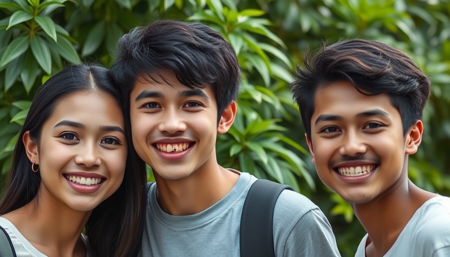 Group photo of smiling young friends outdoors surrounded by greenery.