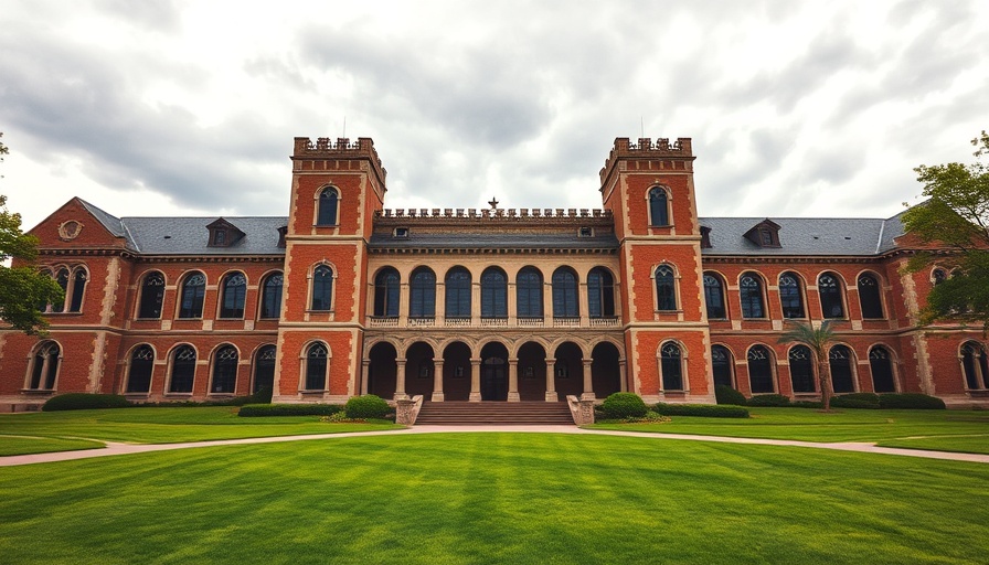 University building with arches and towers under a cloudy sky.