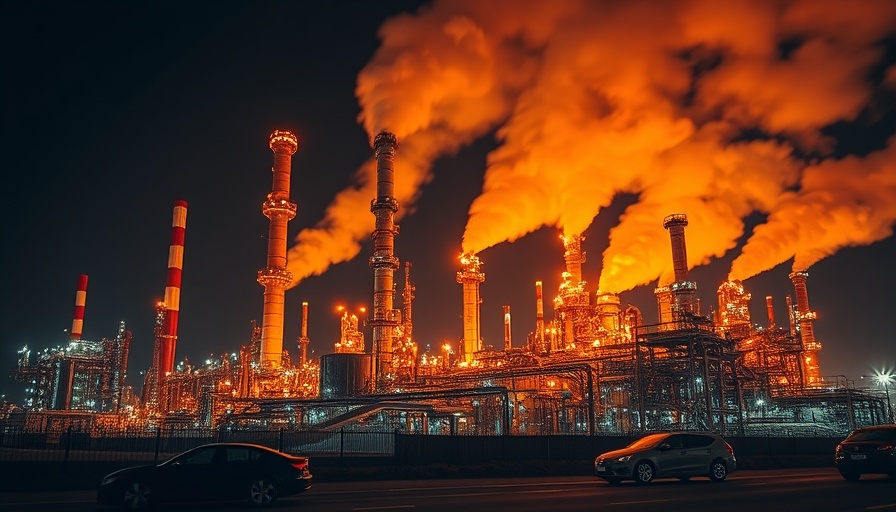 Refinery fire reflecting impact on gas prices at night; orange flames illuminate sky.